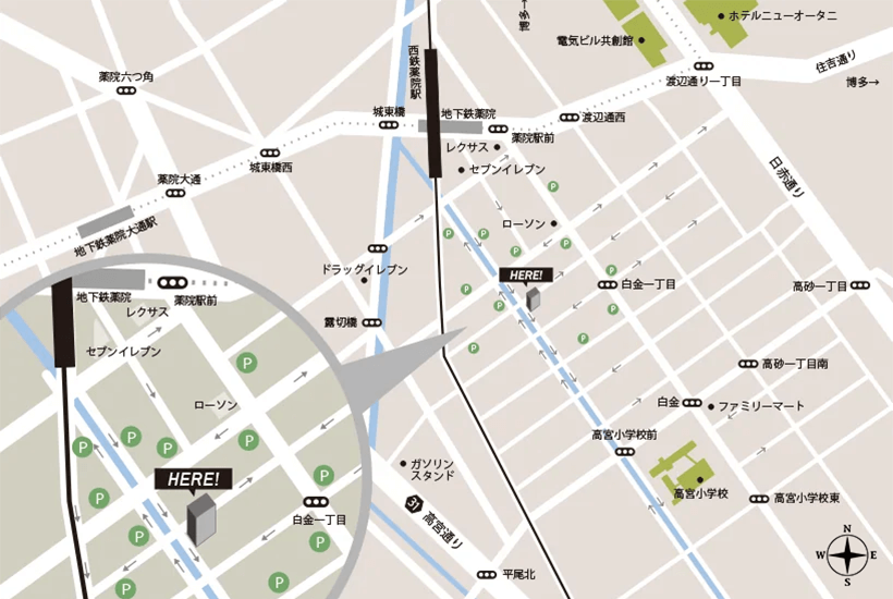 福岡市中央区白金にあるホームページ制作会社メディアクロスまでの道を示したマップ
