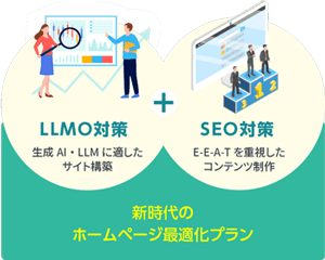 AIO対策（LLMO・GEO） 生成AI・LLMに適したサイト構築 ＋ SEO対策 E-E-A-Tを重視したコンテンツ制作　新時代のホームページ最適化プラン
