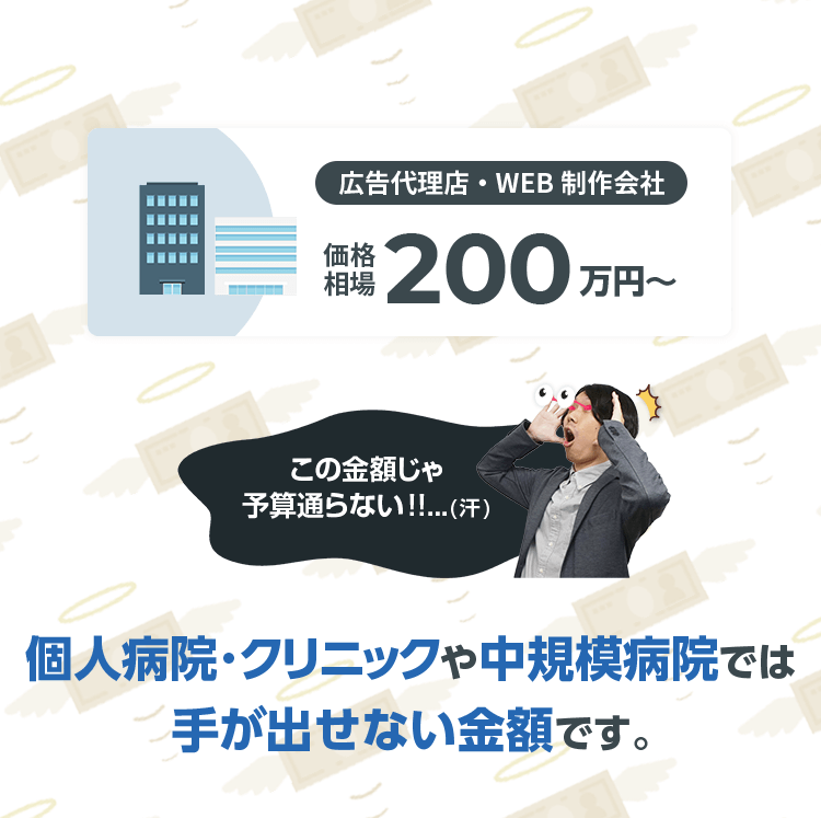 広告代理店・WEB制作会社の価格相場は300万円～となっており、個人病院・クリニックや中規模病院では手が出せない価格帯となります。