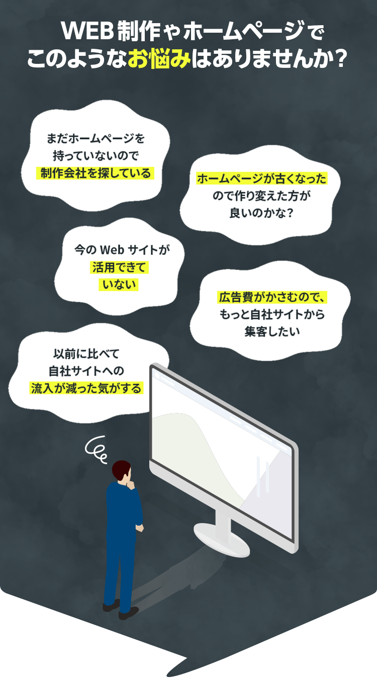 WEB制作やホームページでこのようなお悩みはありませんか？まだホームページを持っていないので制作会社を探している／今のWEBサイトが活用できていない／以前に比べて自社サイトへの流入が減った気がする／ホームページが古くなったので作り変えた方が良いのかな？／広告費がかさむので、もっと自社サイトから集客したい
